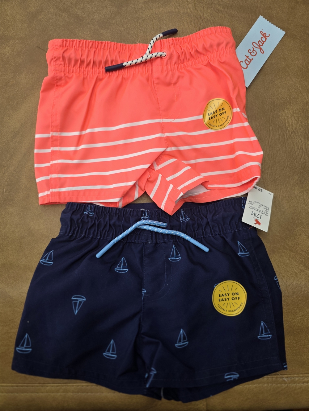 Cat & Jack Kids' 2-Pack Swim Shorts - Coral Stripe & Navy Sailboats